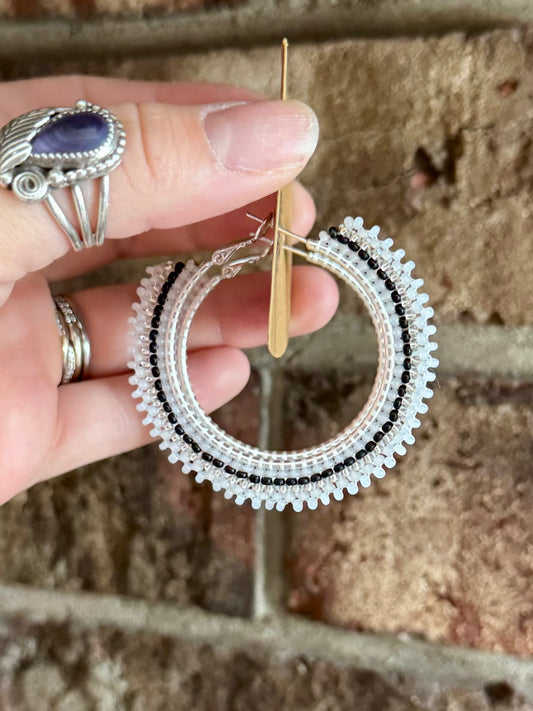 Black Stripe Beaded Hoops
