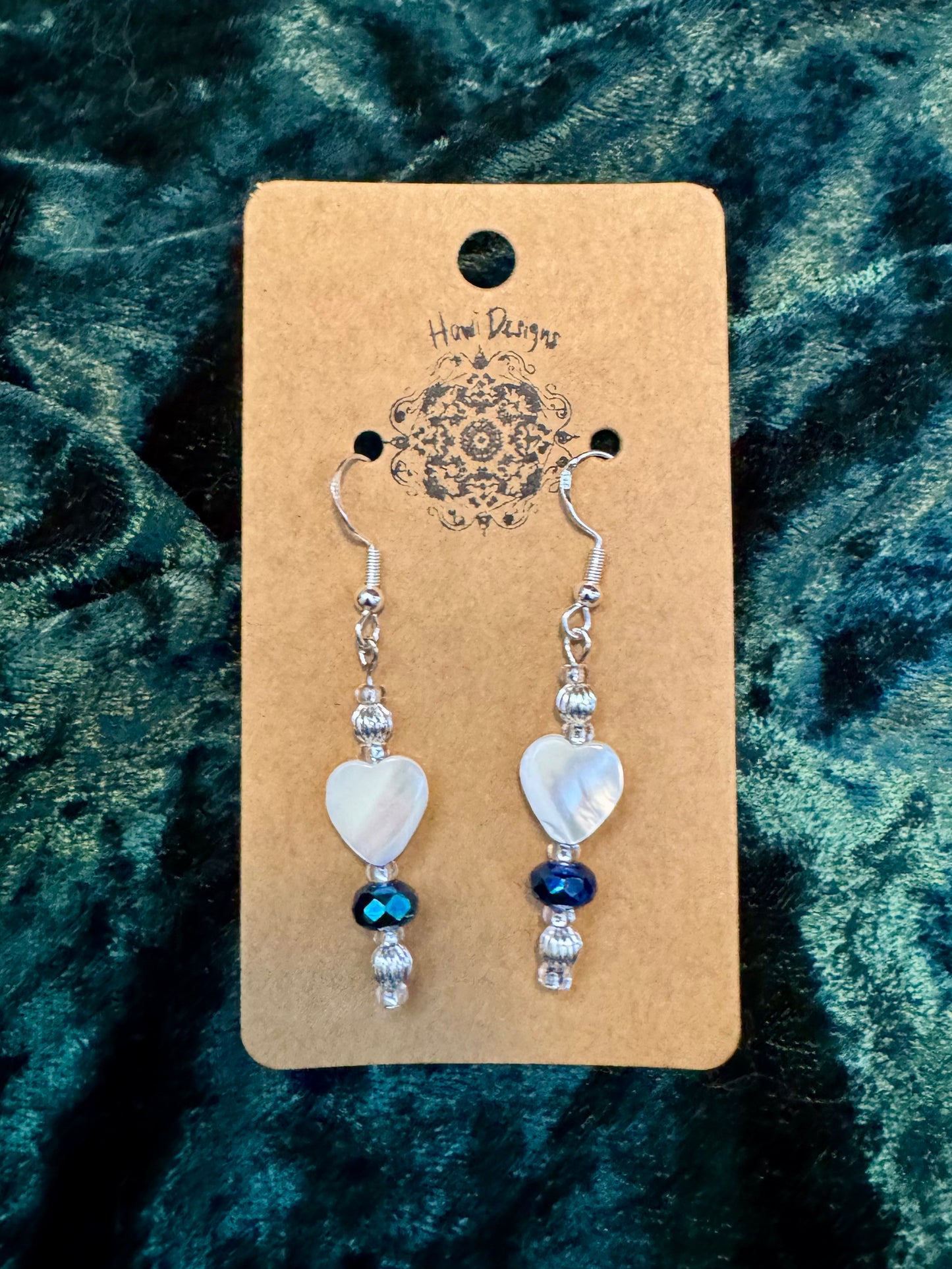 Blue & Silver Mother of Pearl Heart Earrings