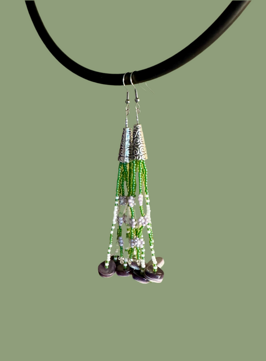 Green Wampum Earrings with Purple Daisies