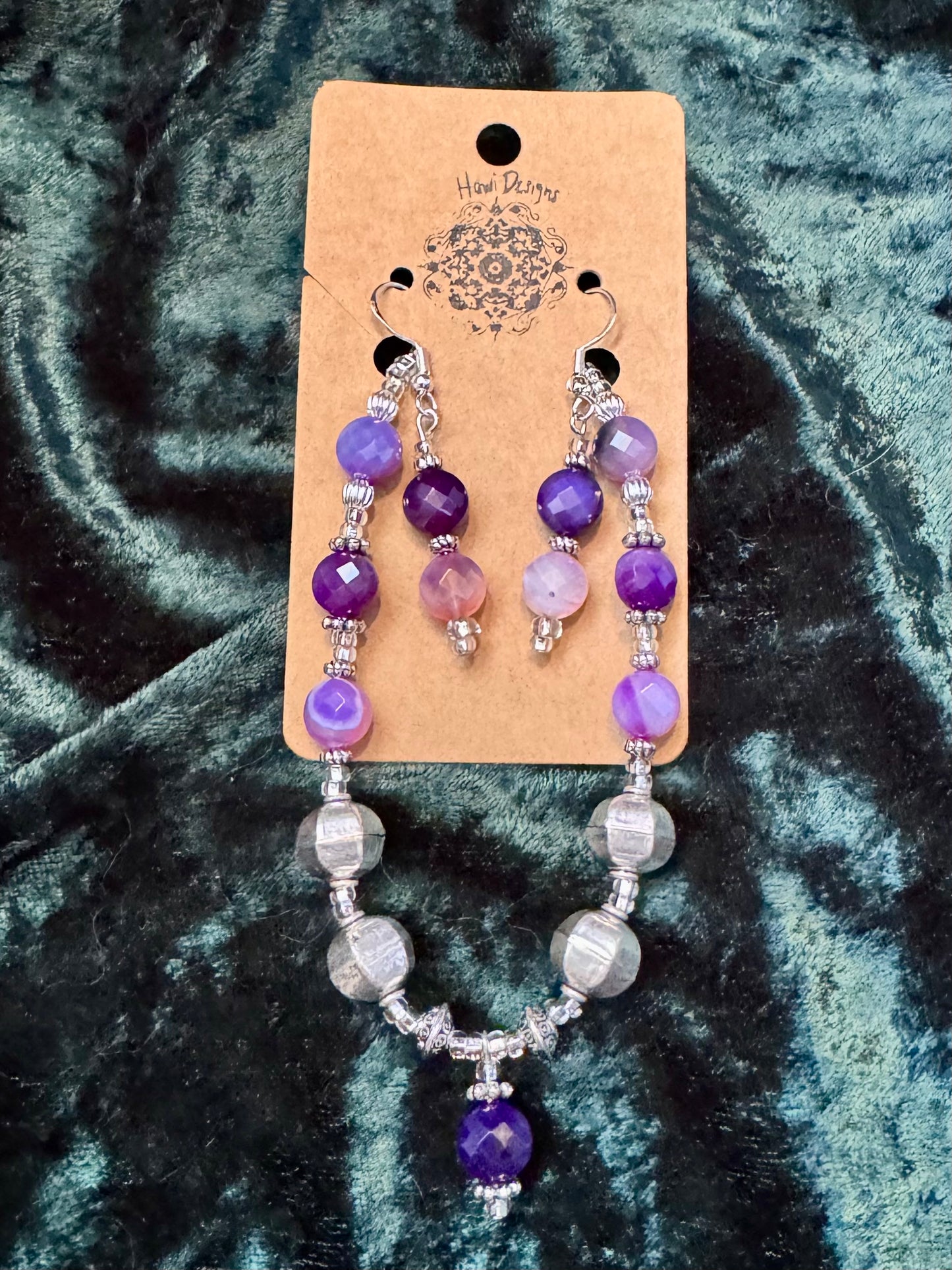 Purple & Silver Matching Earrings & Bracelet Set