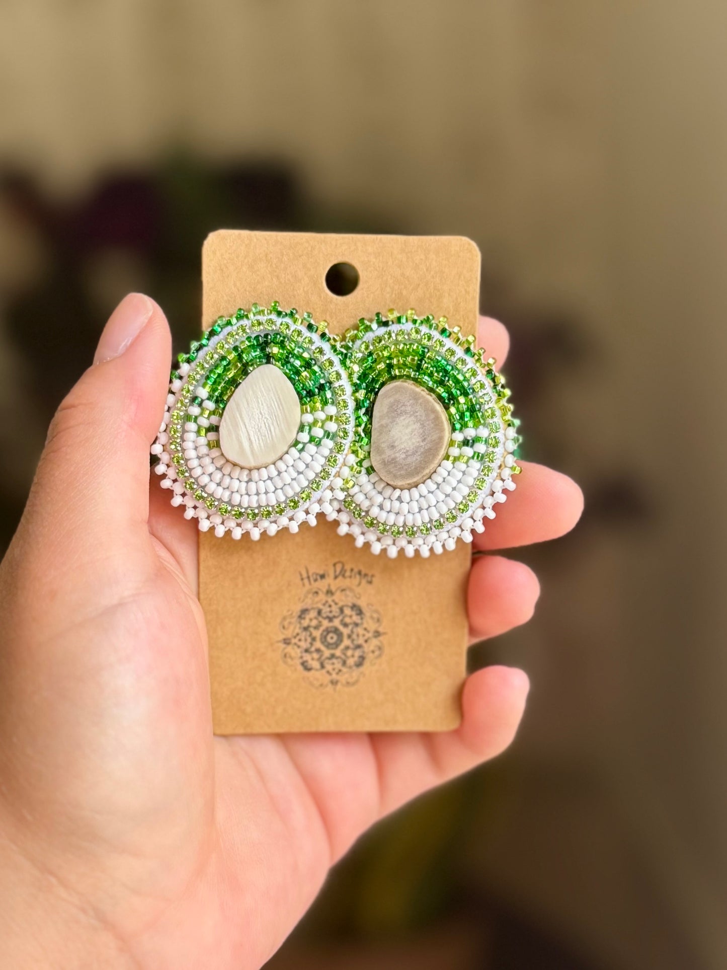 Green & White Deer Antler Earrings