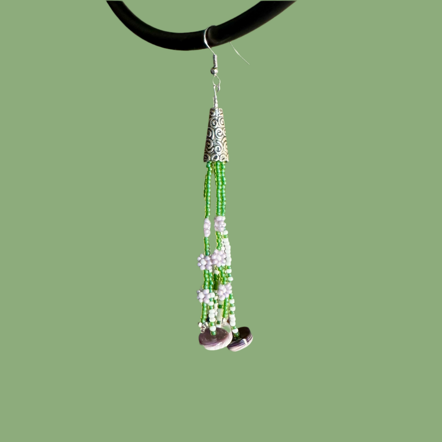 Green Wampum Earrings with Purple Daisies