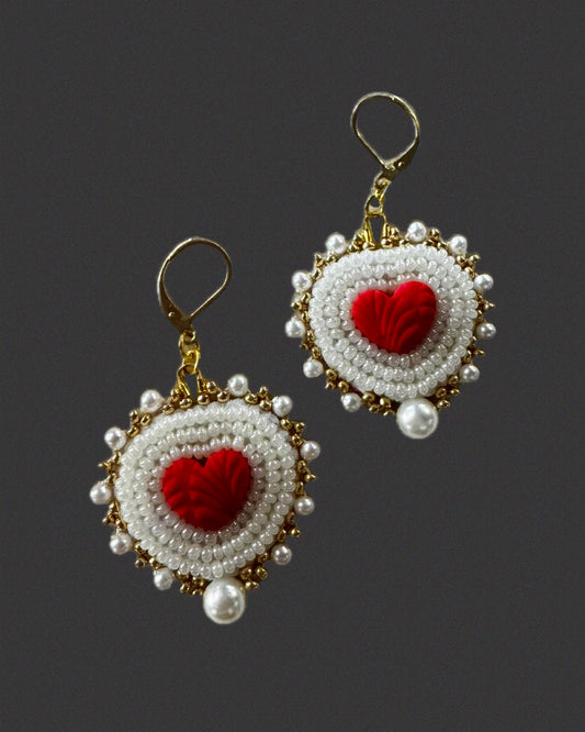 Small Pearl Red Heart Dangles