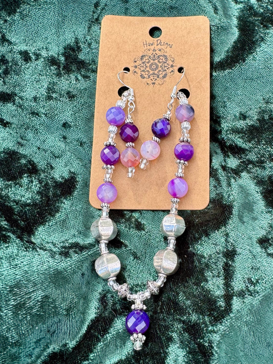 Purple & Silver Matching Earrings & Bracelet Set