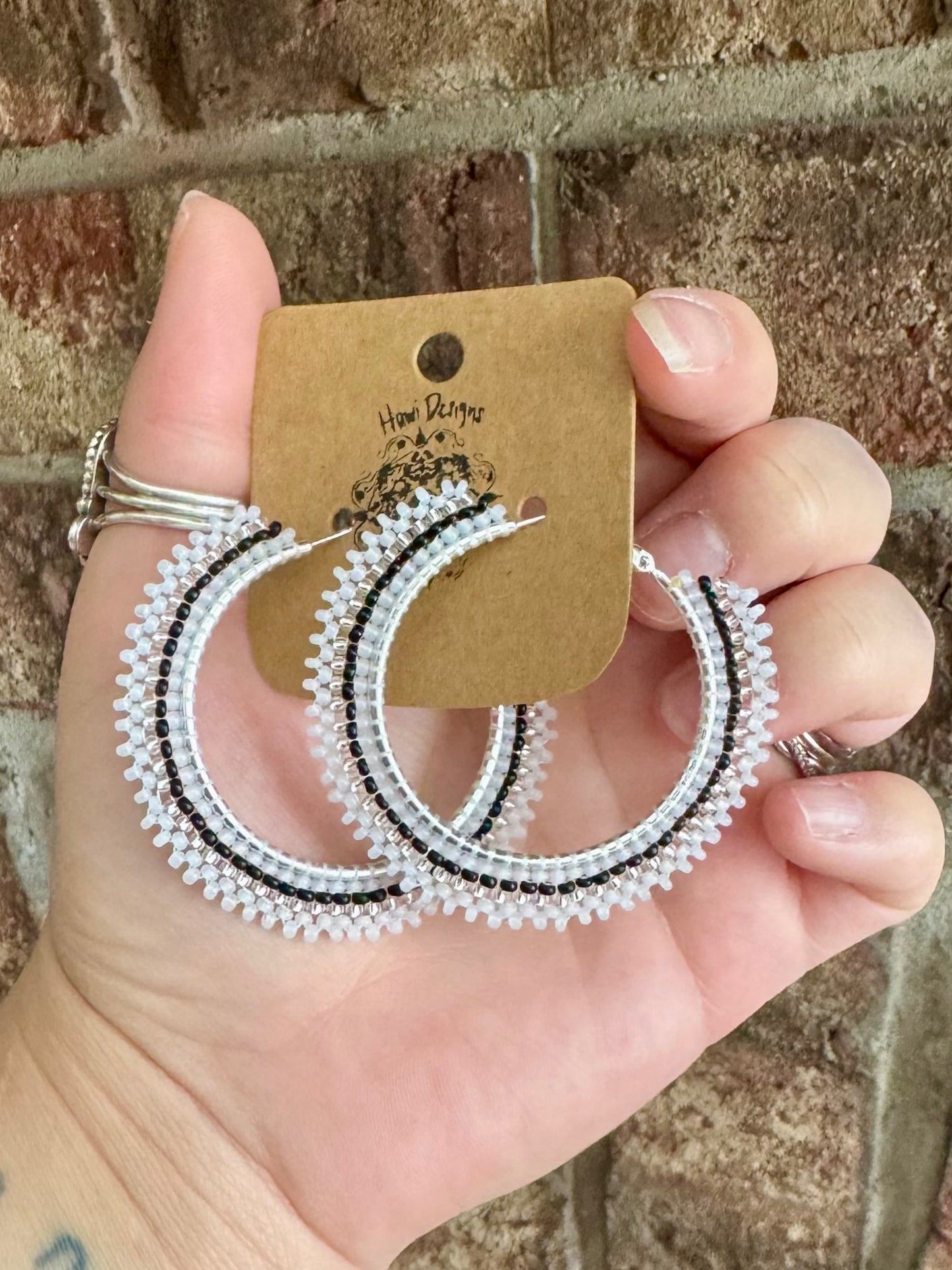 Black Stripe Beaded Hoops